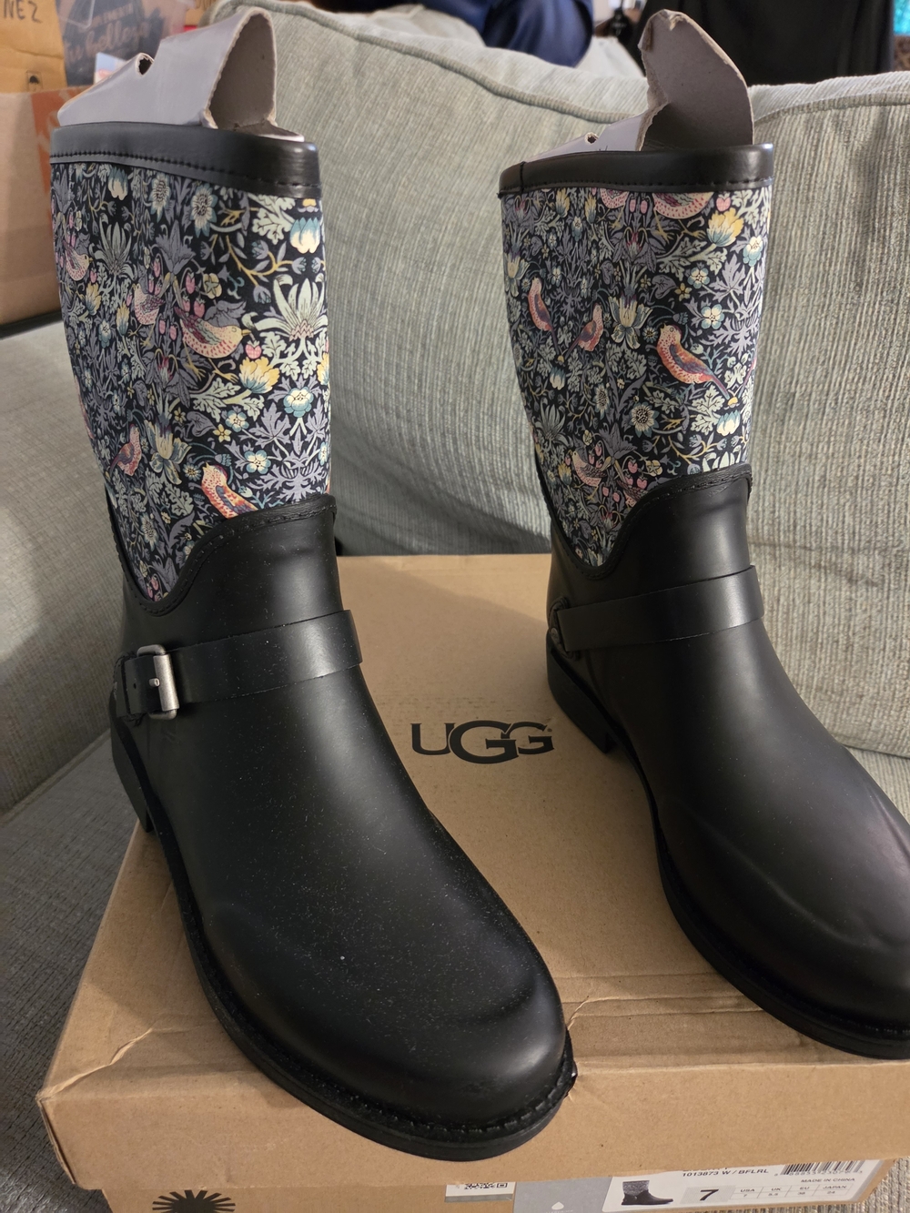 UGG Women's Black Rain Boots with Floral Bird Print Shaft
